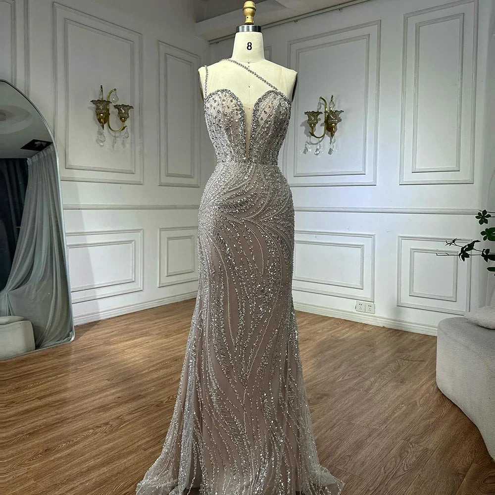 Luxury Nude One Shoulder Beaded Evening Gown LA72872