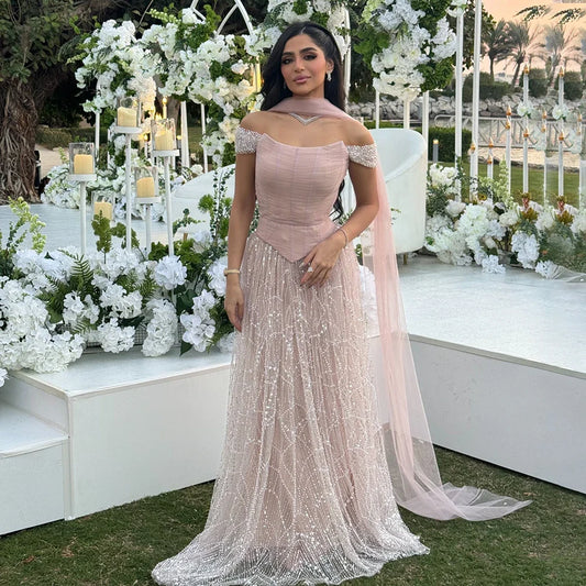 Luxury  Arabic  Pink Pearls  Evening Dress  With Cape LA72922