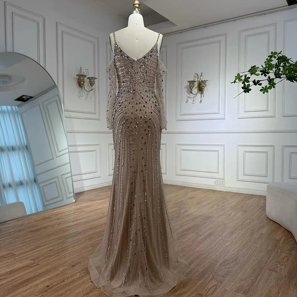 Luxury Nude Navy Blue Beaded Evening Dress with Long Sleeves LA73120