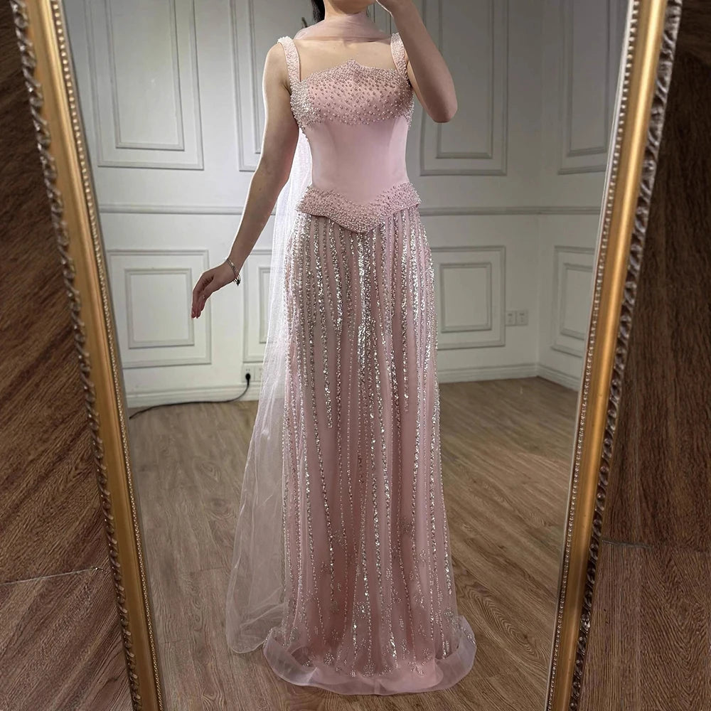 Glamorous Pink Strapless Mermaid Evening Dress with Pearls LA73070
