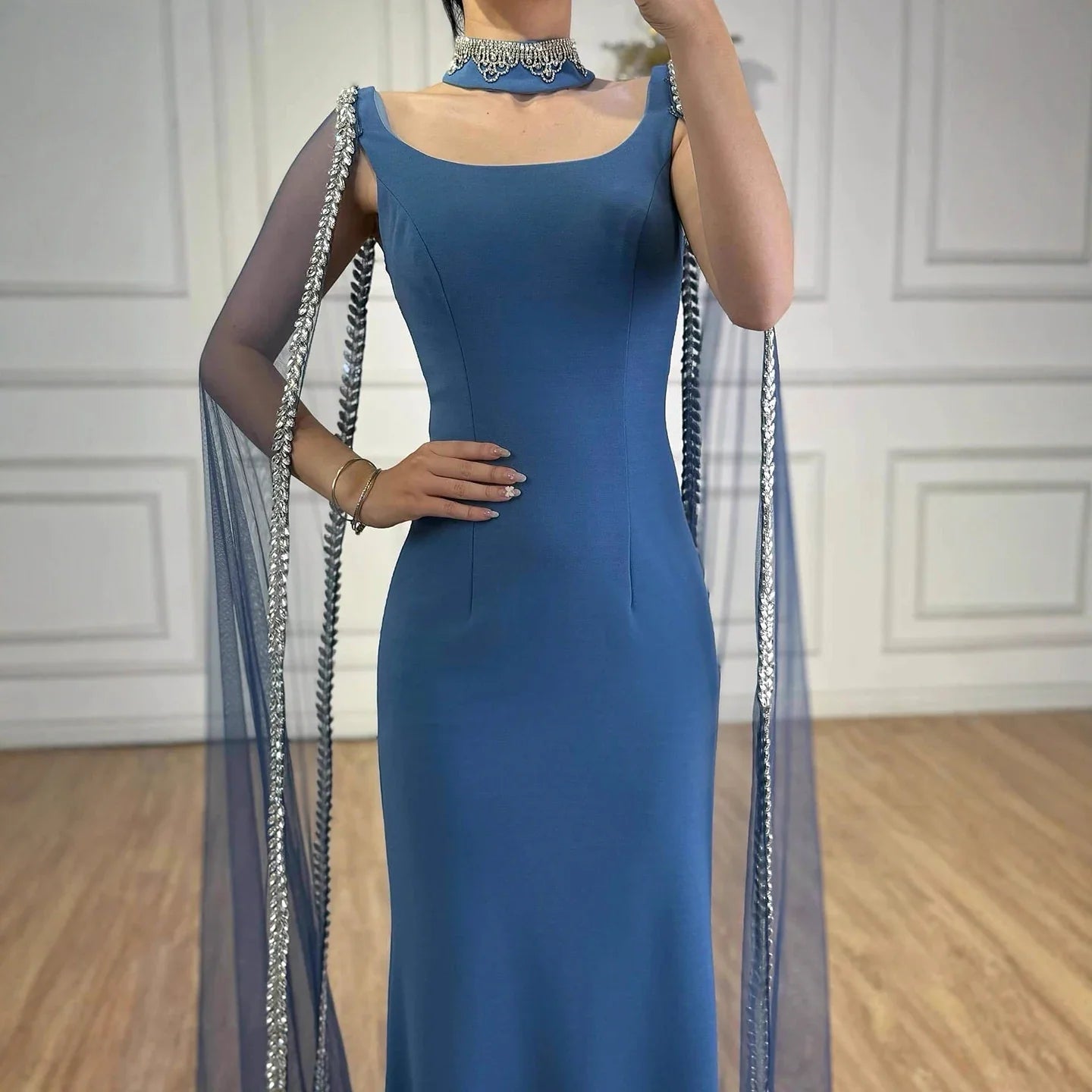 Luxury Blue Mermaid Beaded Evening Dress with Cape Sleeves LA72086