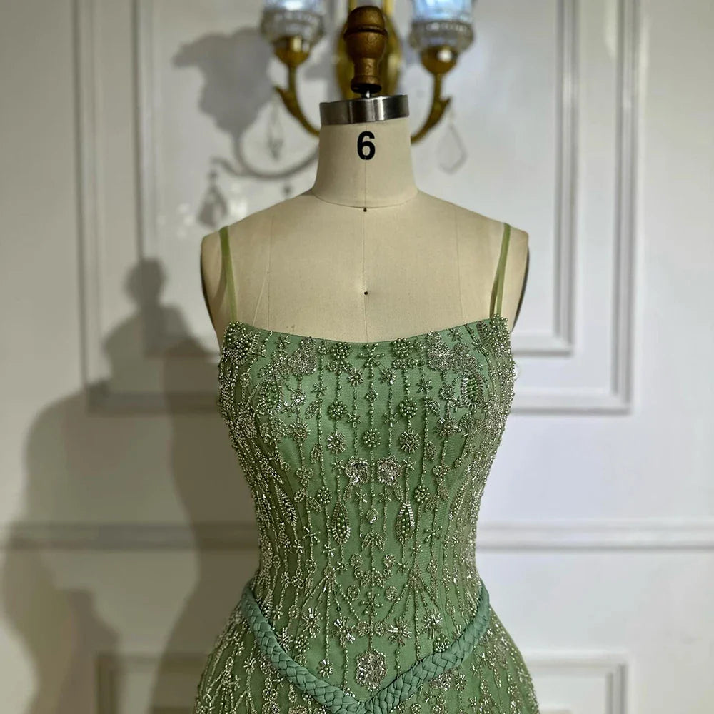 Luxury Sage Green Beaded A Line Spaghetti Strap Evening Dresses Gown LA72805