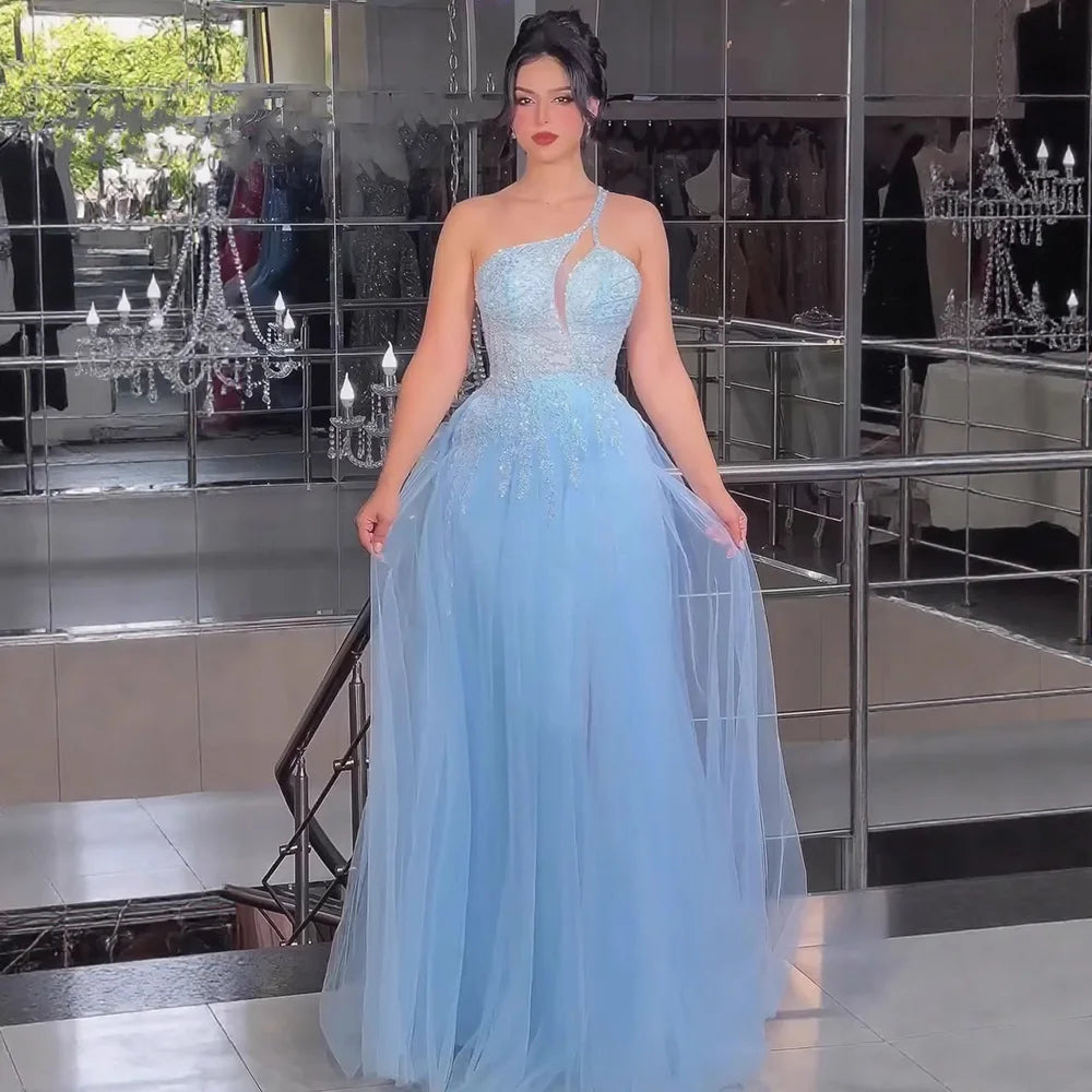 Serene Hill Arabic Blue Spaghetti Strap A Line One Shoulder Beaded Luxury Evening Dresses Gowns for Women's Party 2025 LA72589
