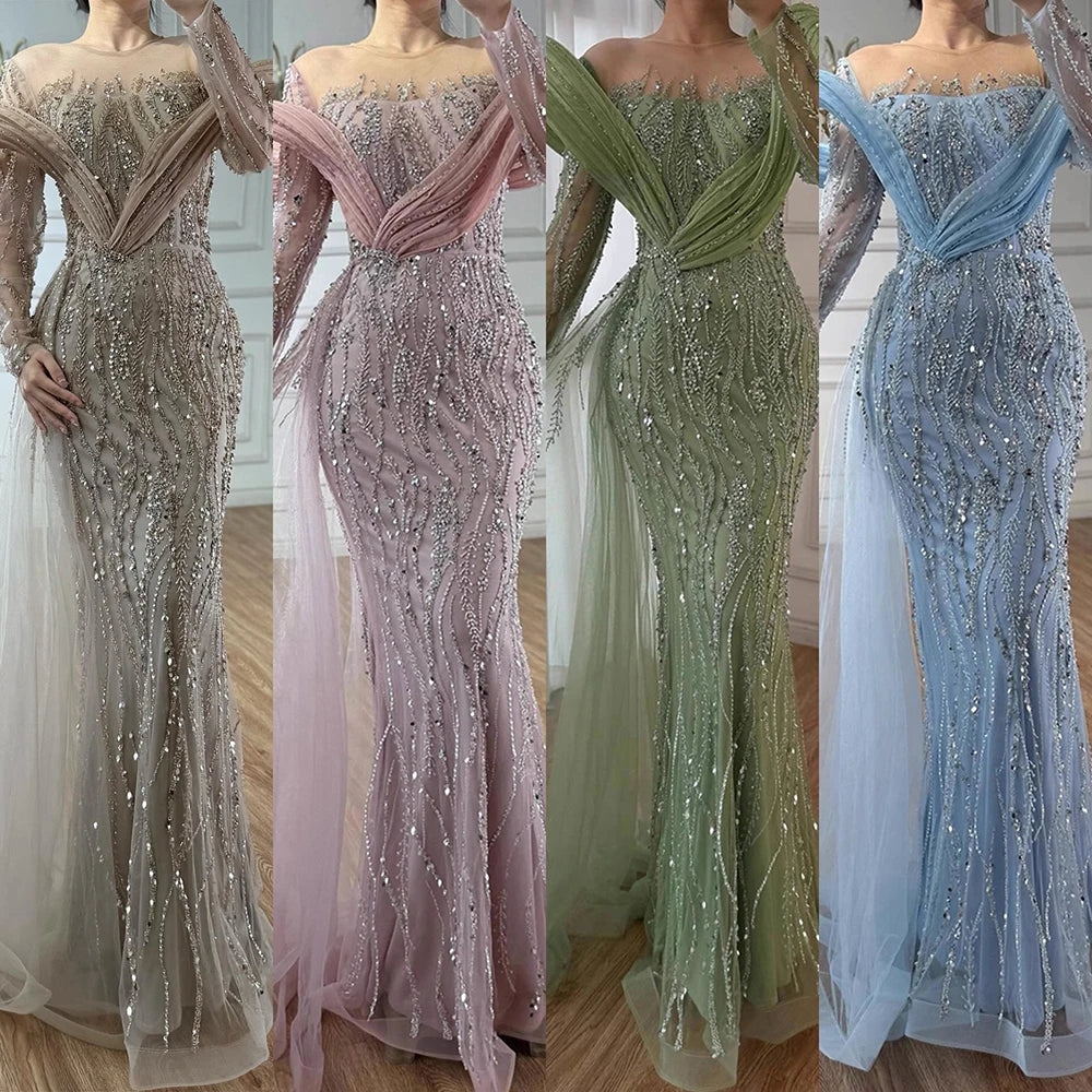 Elegant Sage Green Beaded Evening Dress with Flowing Hem LA72928