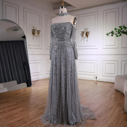 Caramel Off Shoulder Beaded Mermaid Evening Dress Long Sleeves LA73053