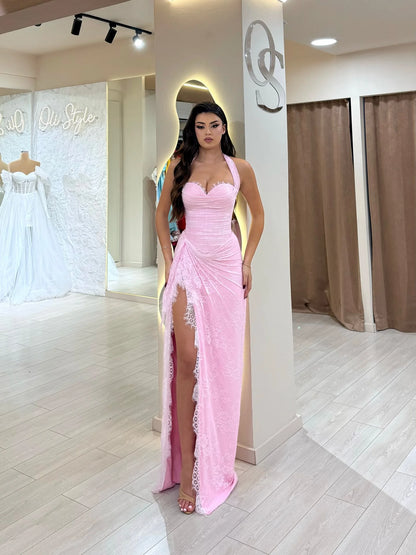 Luxury Pink Lace Halter Saudi Arabic High Split Evening Dress LA73372
