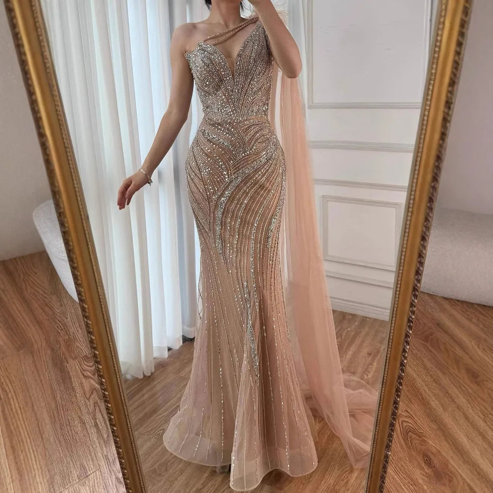Luxury Caramel One Shoulder Beaded Mermaid Evening Dress LA72895