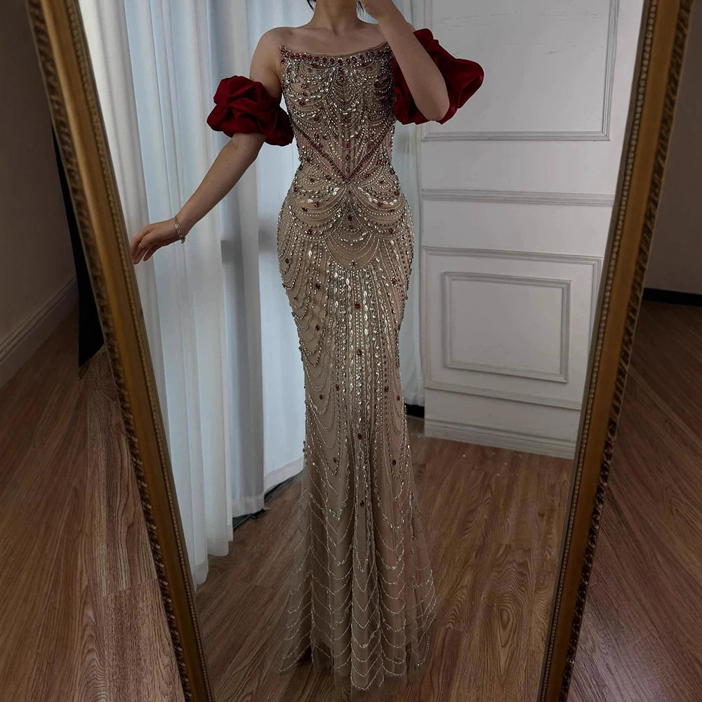 Luxury Beaded Evening Dress Puff Sleeves Pearl Adorned LA72903