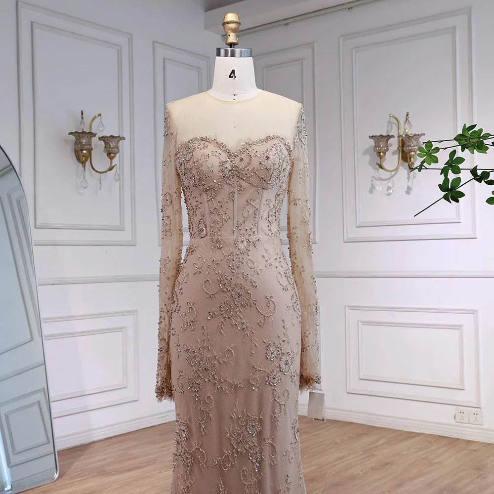 Luxury Arabic Lace Beaded Mermaid Evening Dress with Sleeves LA72545