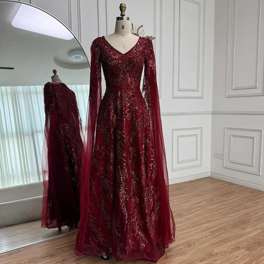 Luxury Wine Red A-Line Luxury Beaded Evening Dress with Cape LA73127