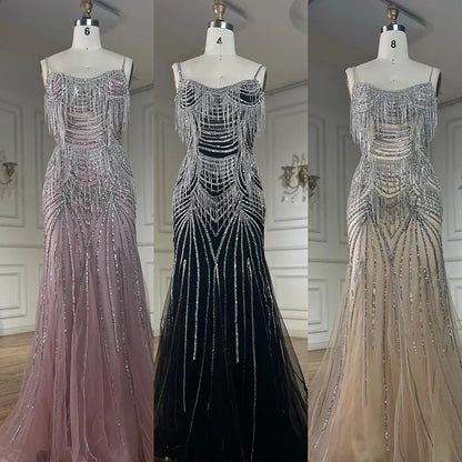 Luxury Nude Pink Crystal Tassel Mermaid Evening Dress LA72772