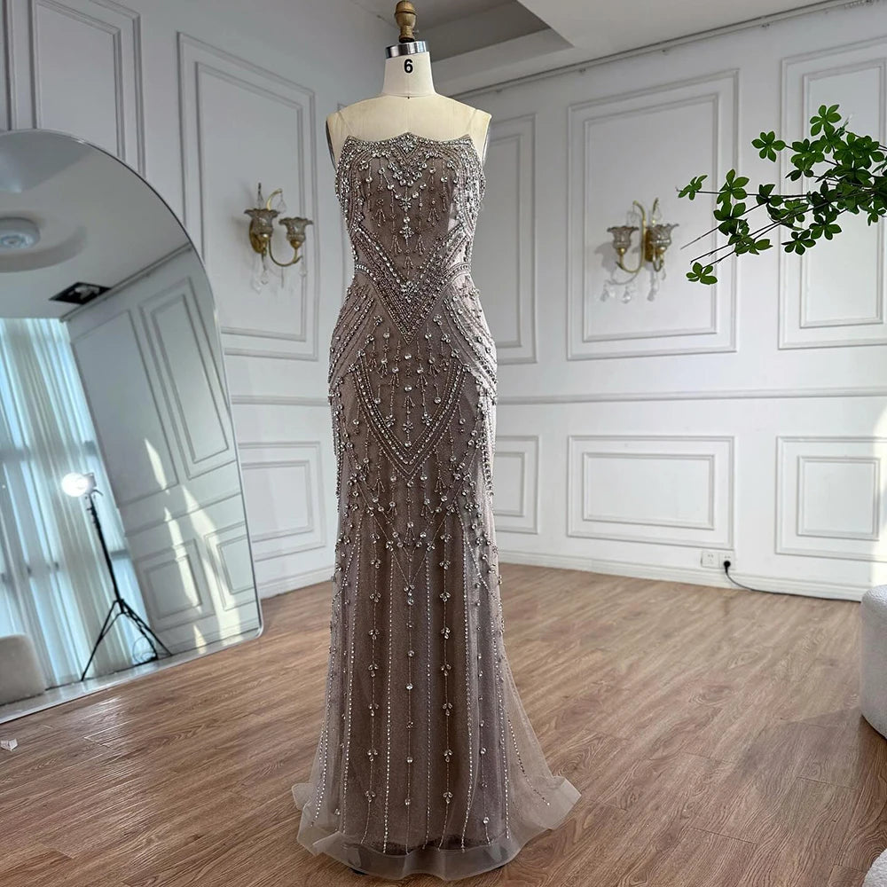 Luxury Caramel Crystal Beaded Mermaid Evening Gown with Gloves LA73186