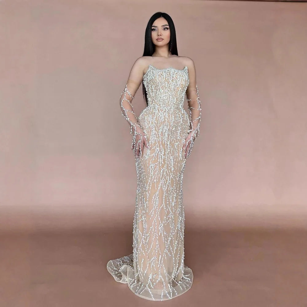 Luxury Nude Strapless Pearl Beaded Mermaid Evening Gown with Gloves LA72345C