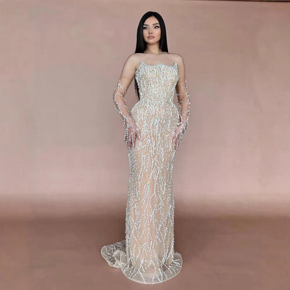 Luxury Nude   Pearl Beaded Mermaid Evening Gown with Gloves LA72345C
