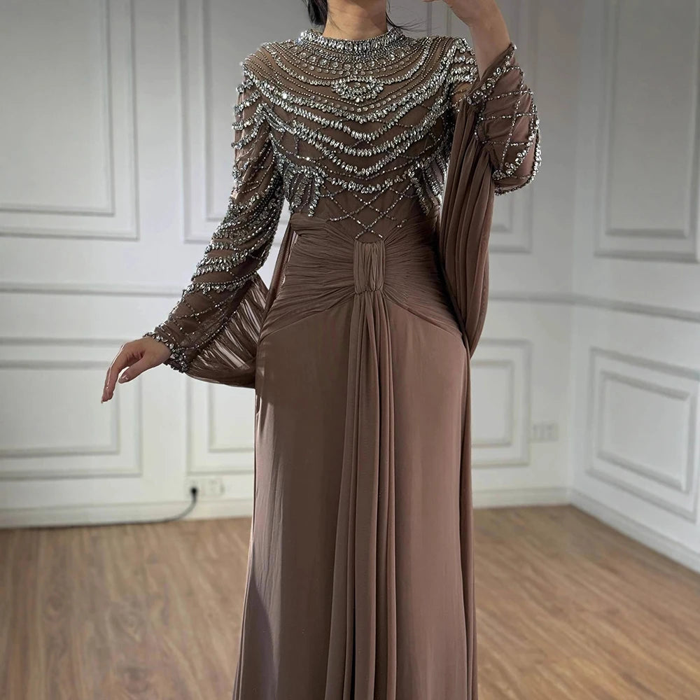 Luxury Designer Modest Brown Stretch Material Mermaid Evening Dress LA72993