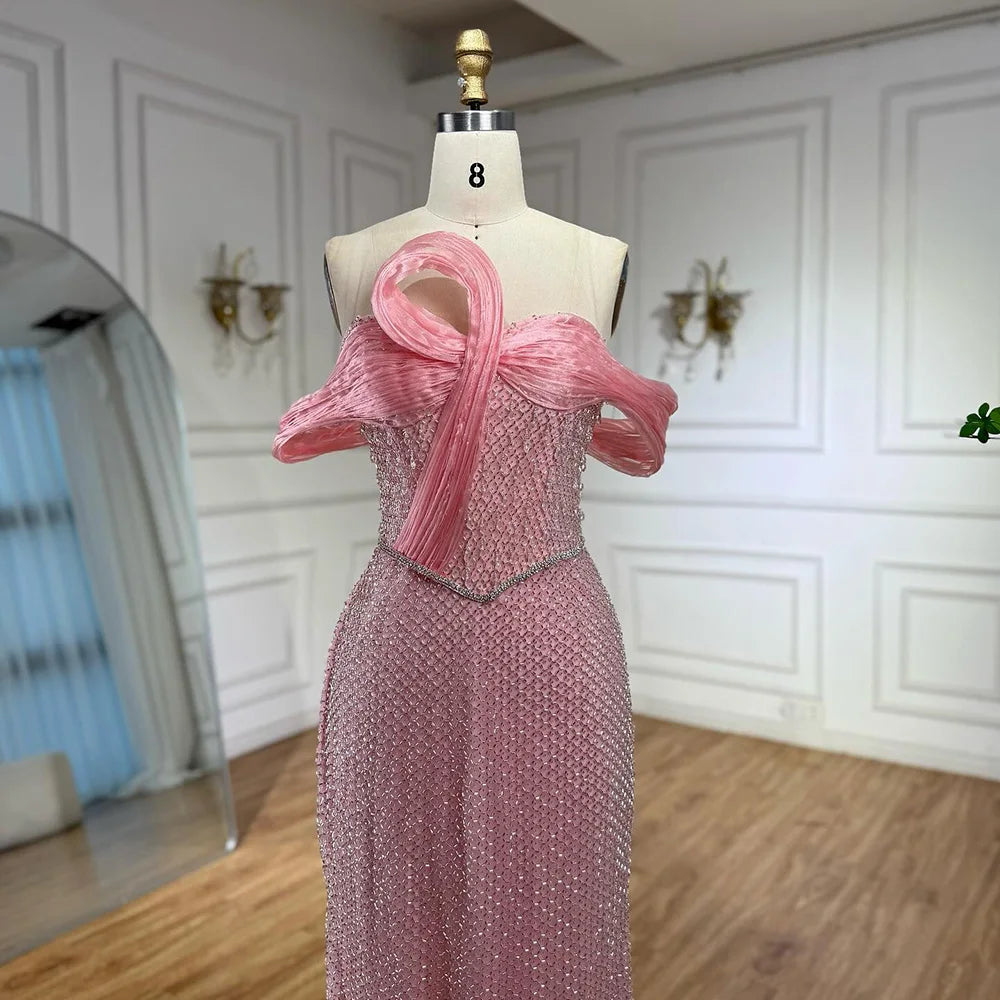 Luxury Pink Off Shoulder Mermaid Evening Dress with Bow LA73058