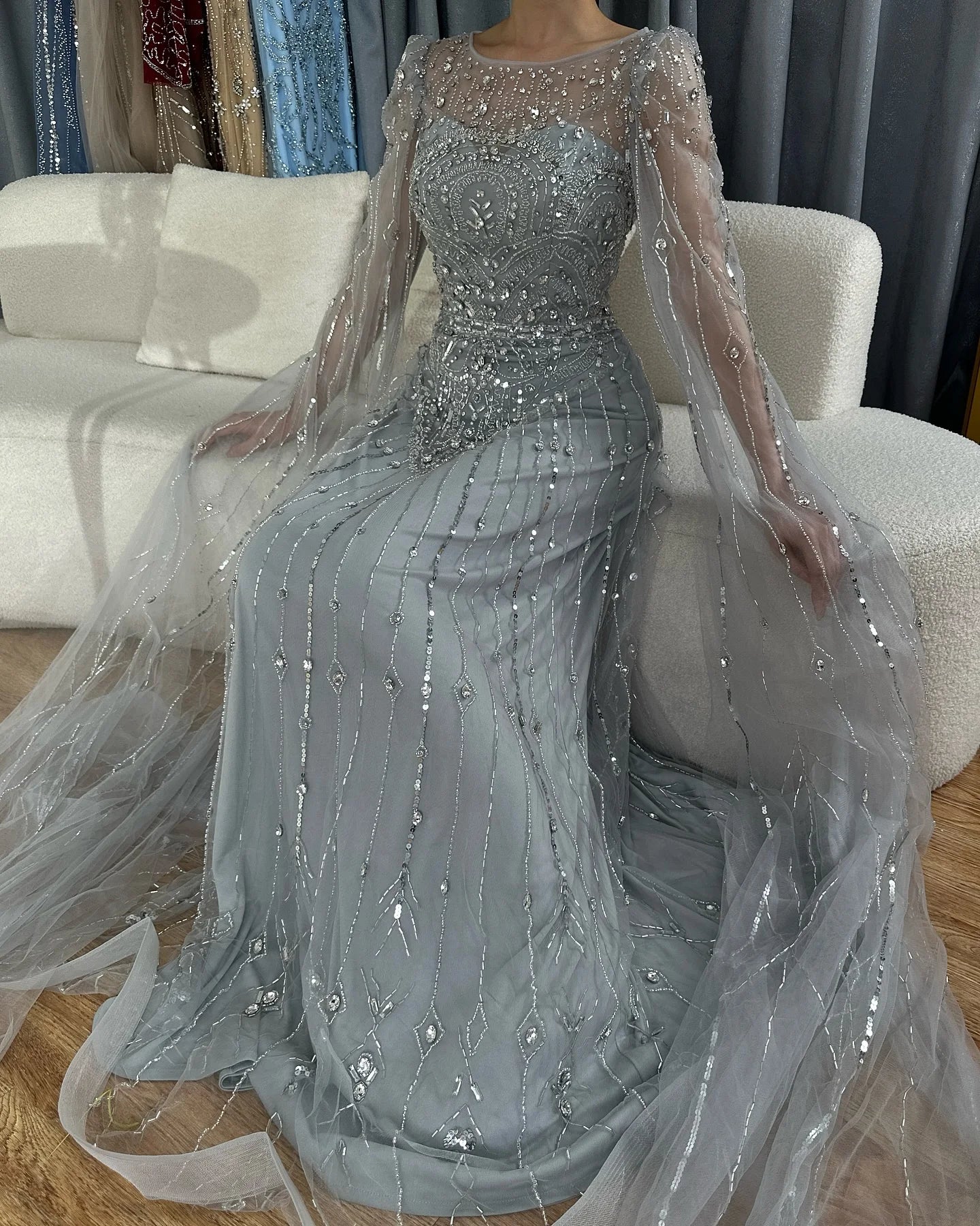 Luxury Designer Blue Beaded Stone Arabic Evening Dress With Cape Sleeve LA72635