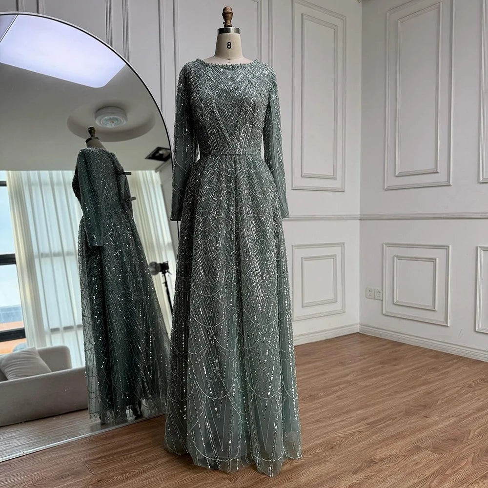 שמלת ערב יוקרתית בגזרת A עם חרוזים בצבע ירוק זית ושרוולים ארוכים LA72738B