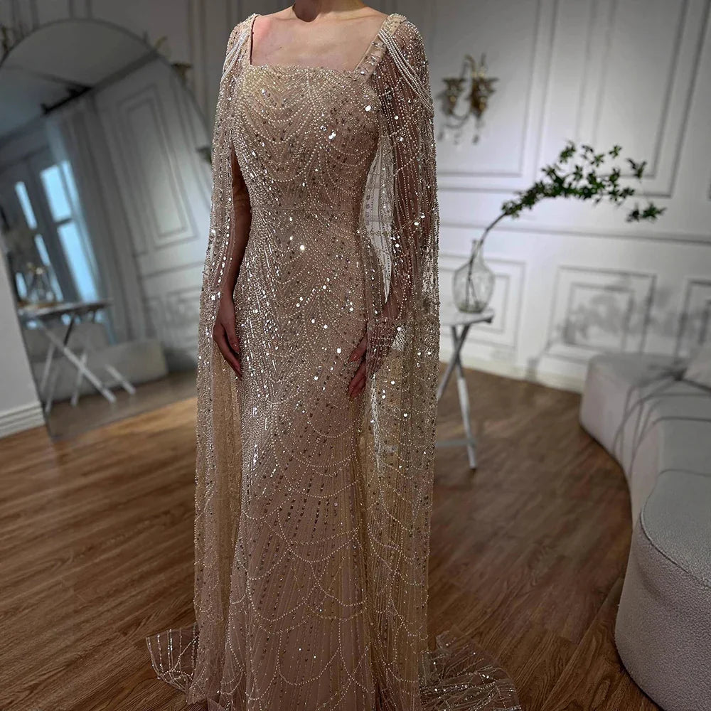 Luxury Turquoise Beaded Pearl Arabic Evening Dress with Cape Sleeves LA72590