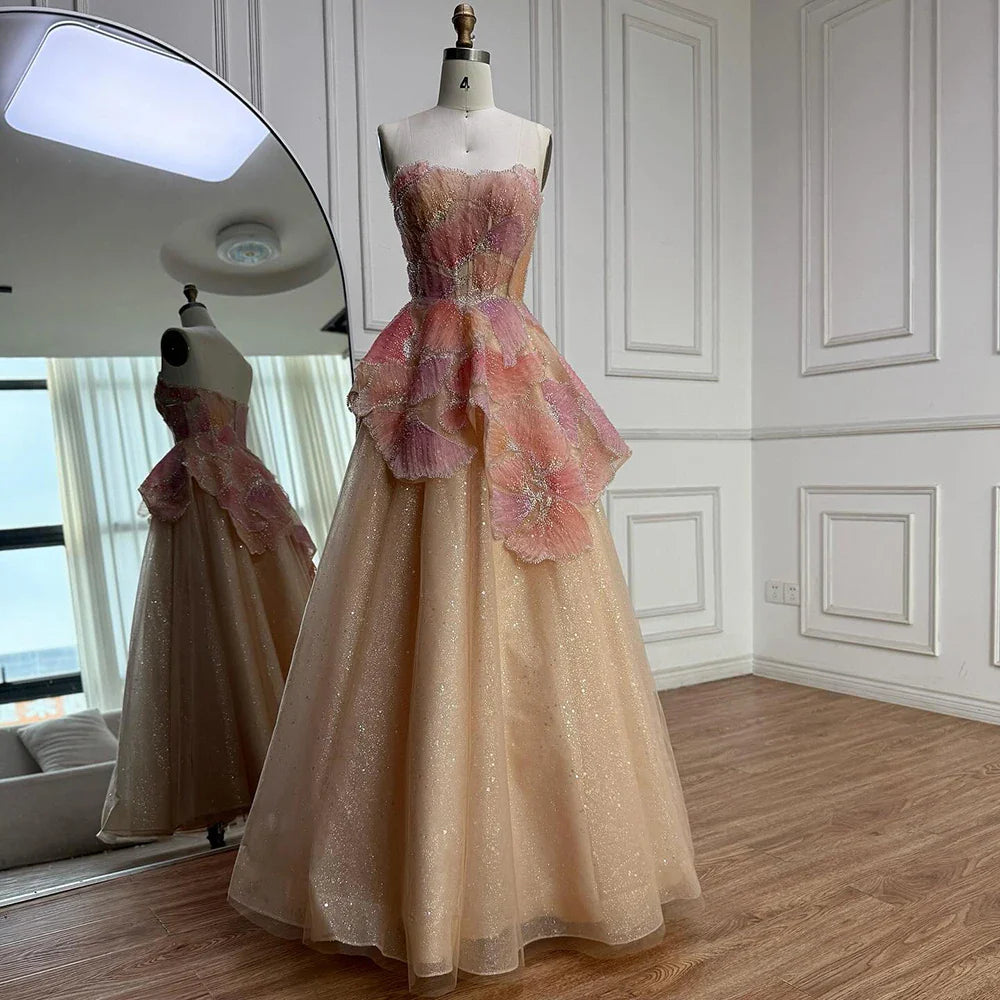 Luxury Peach Floral Appliqué A-Line Sparkly Evening Dress LA73185