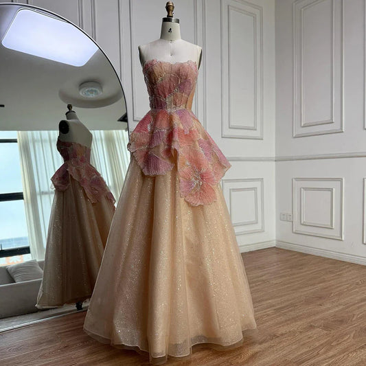 Luxury Peach Floral Appliqué A-Line Sparkly Evening Dress LA73185