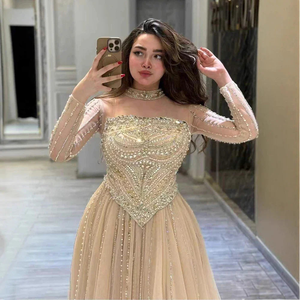 Luxury Nude Crystal Beaded A Line Long Sleeve Evening Dress LA73192
