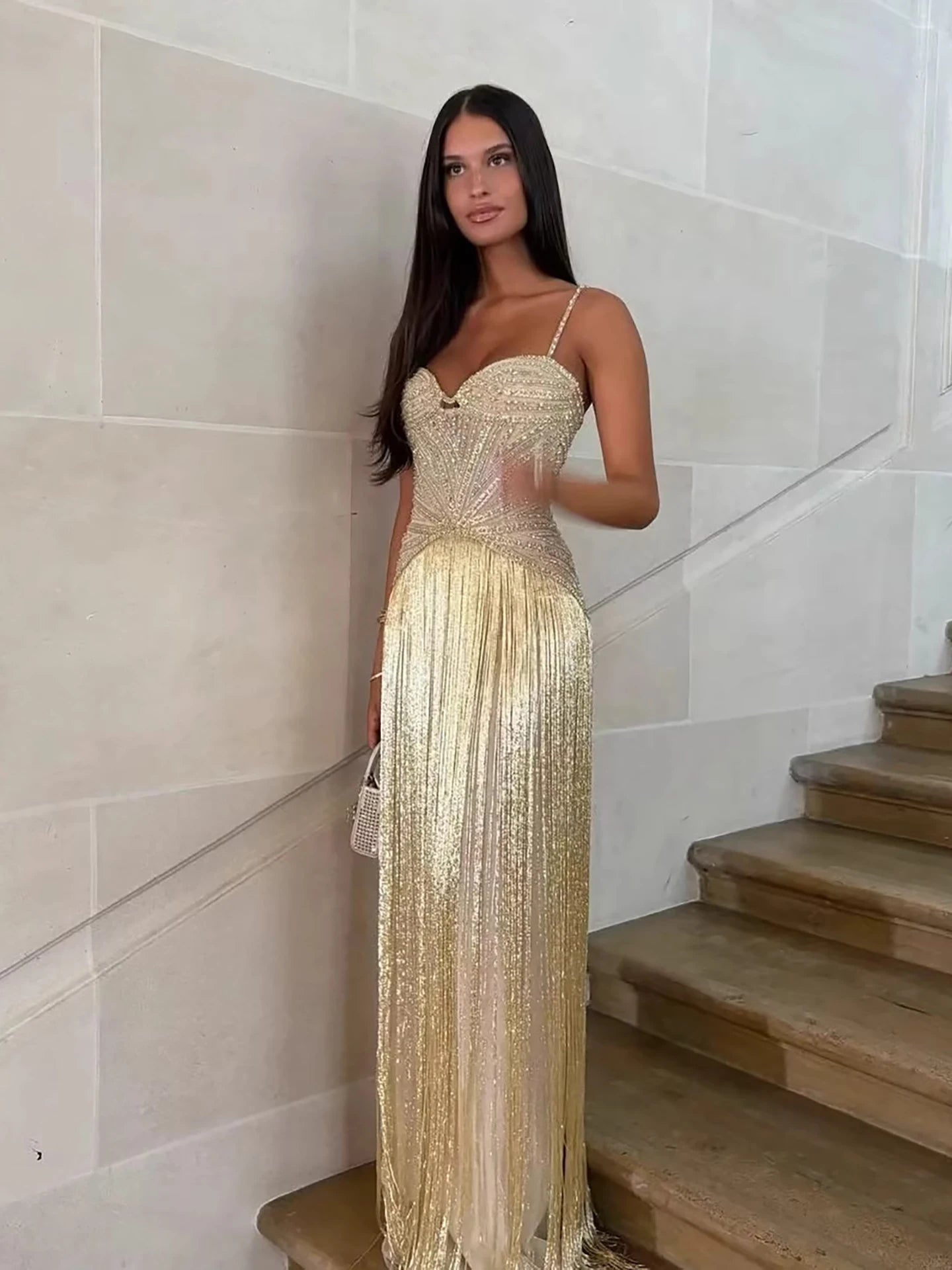 Luxury Arabic Gold Mermaid Beaded Tassel Evening Dress LA73446