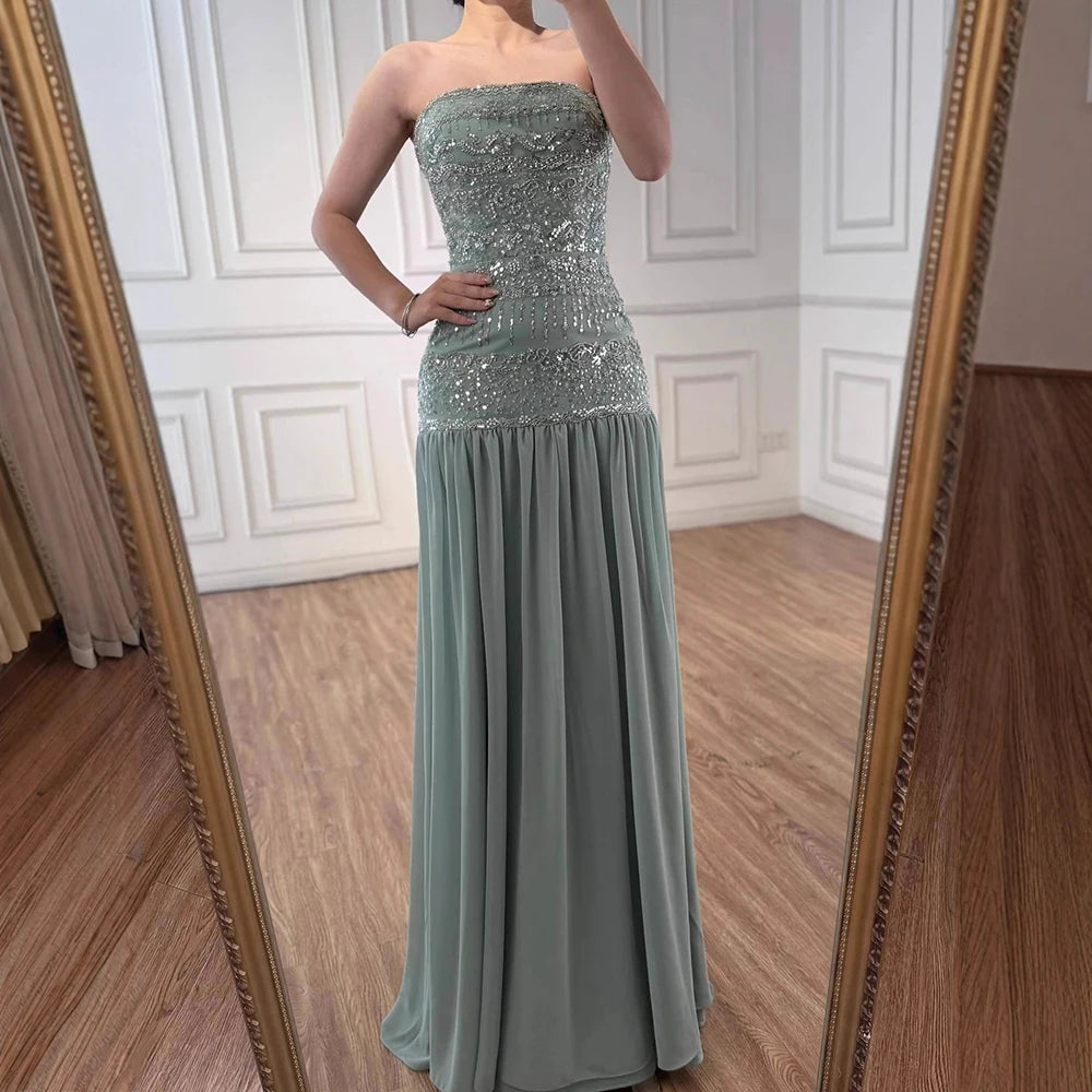 Luxury Sage Green A-Line Evening Dress with Cape LA73044A
