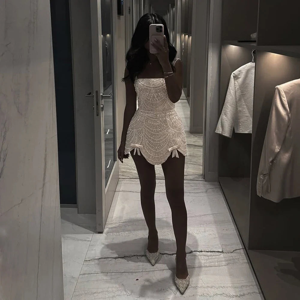 Luxury Nude Pearl Beaded A-Line Mini Evening Dress LA73211