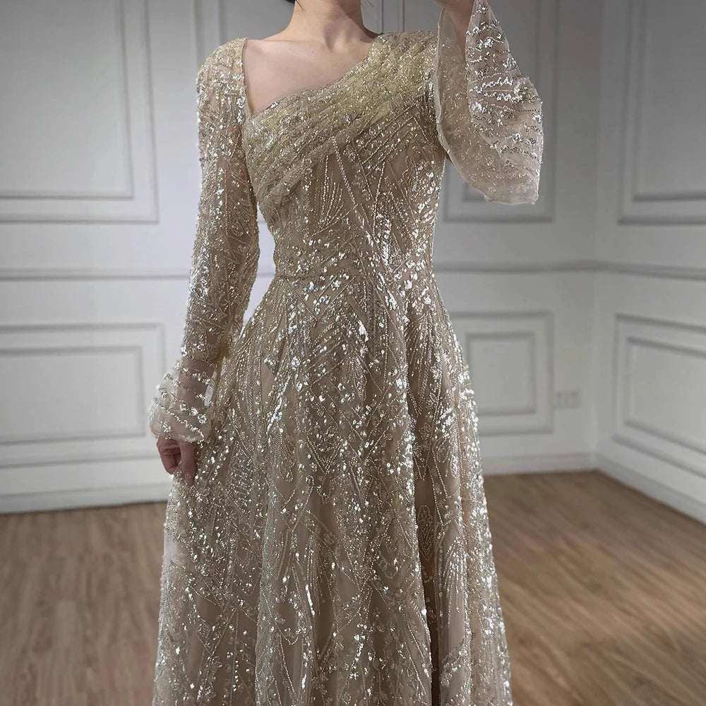 Luxury Turquoise Beaded A-Line Evening Dress with Puffy Sleeves LA73177