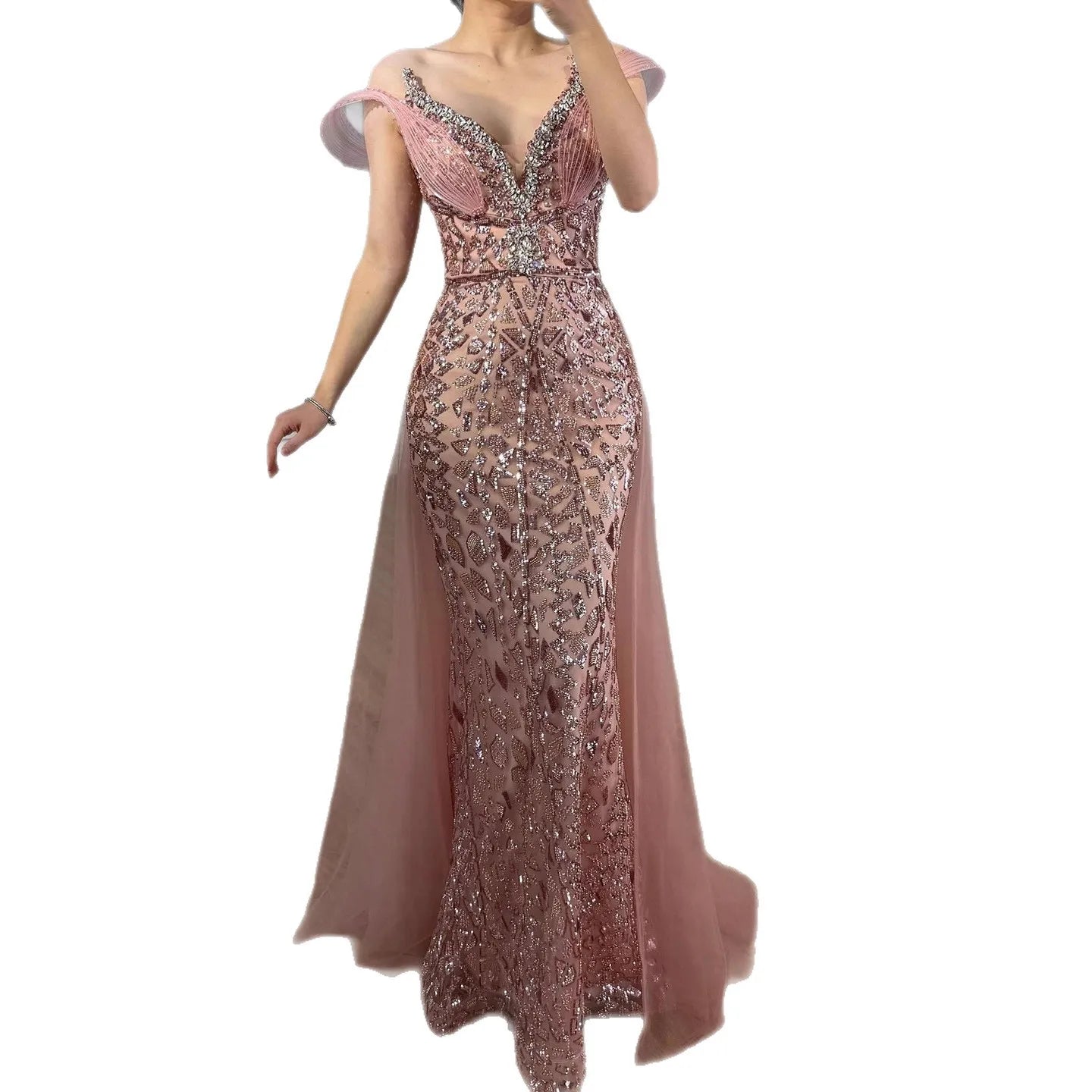 Serene Hill Pink Beaded Off Shoulder Evening Dress LA73413