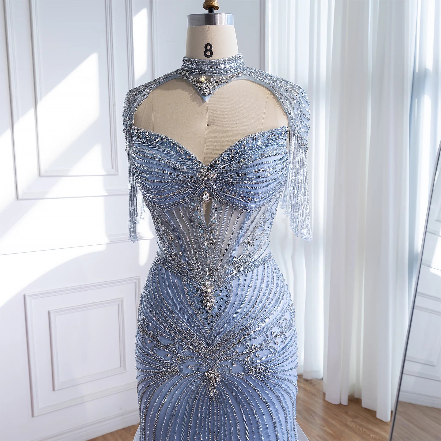 Luxury Dubai Beaded Blue Pink Evening Dress with Tassel Cape LA72897B