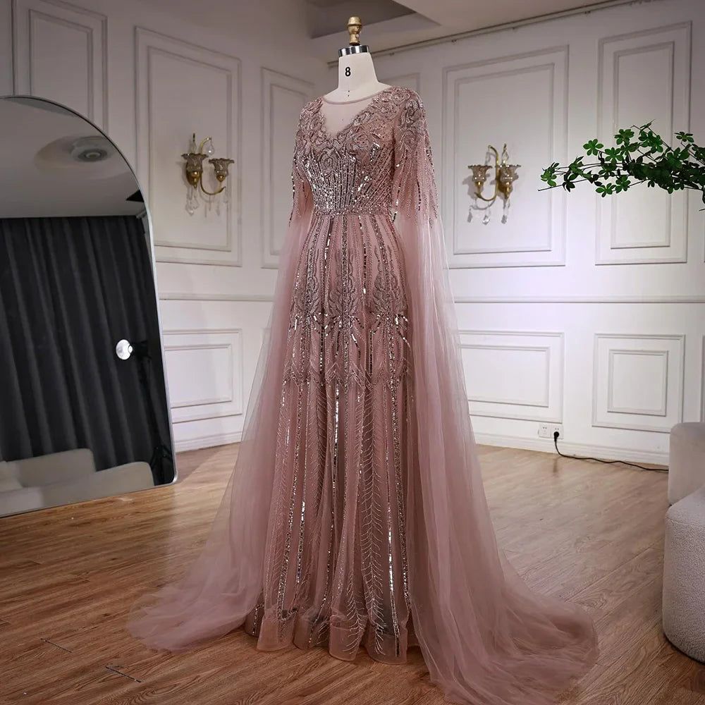 Rose Gold Beaded A-Line Evening Dress with Cape Sleeves LA73056