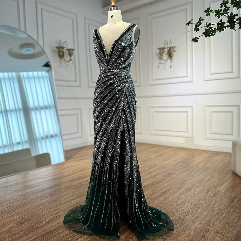 Luxury Green Beaded Mermaid Prom Dress with Split LA72613