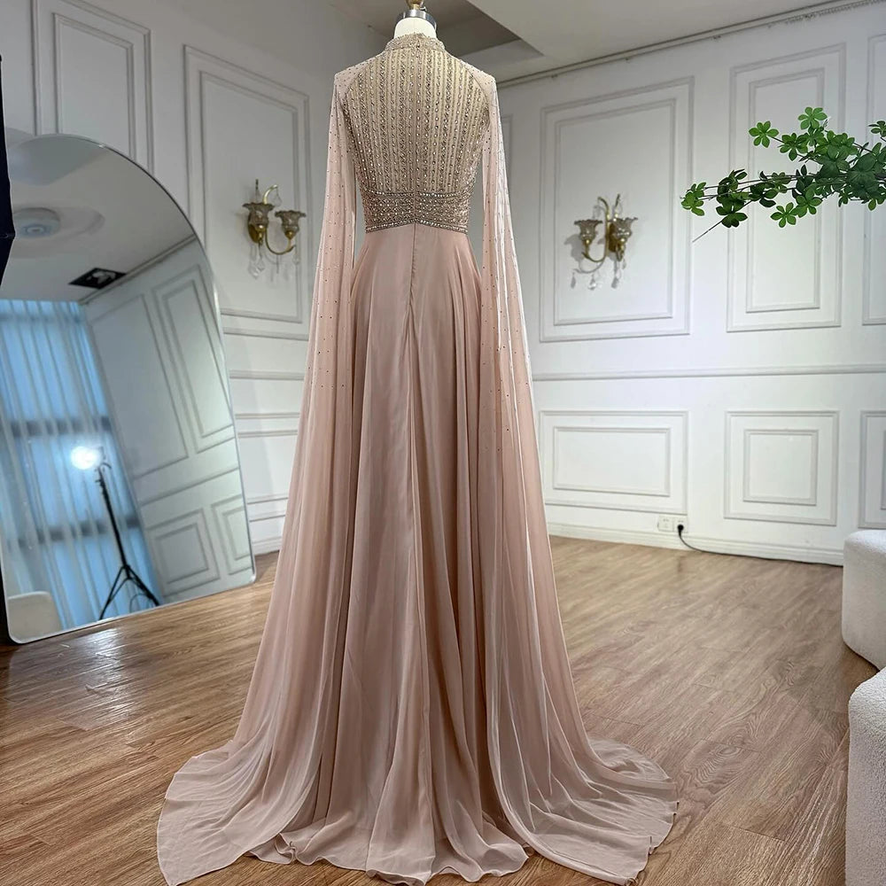 Luxury Caramel Chiffon Beaded Evening Dress with Cape LA73144