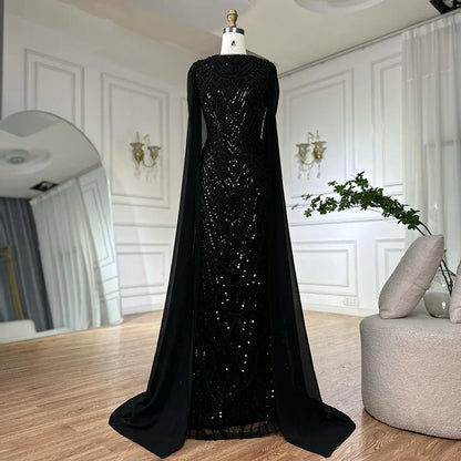 Luxury Blue Mermaid Evening Dress with Cape Sleeves Beaded Gown LA72160A