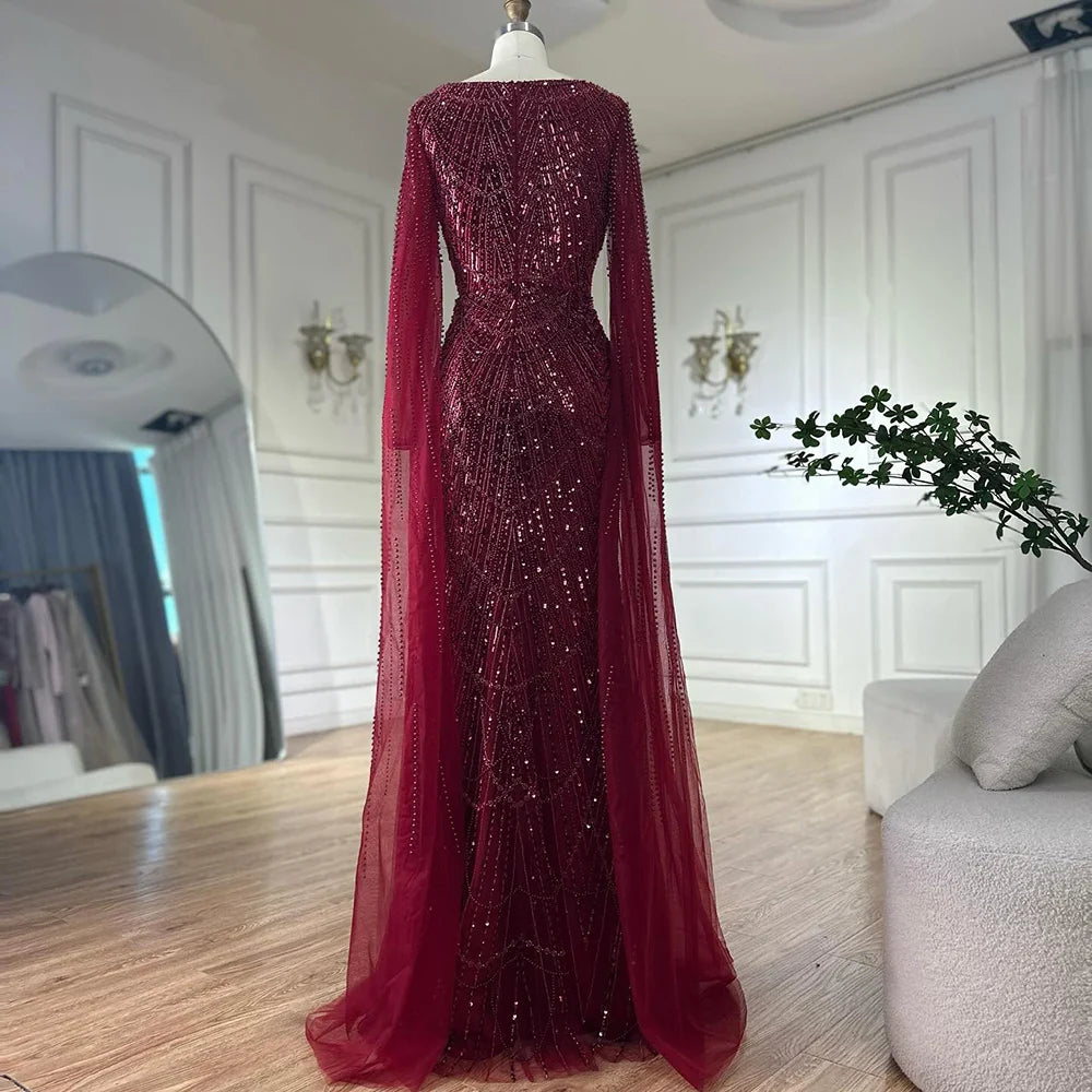 Luxury Turquoise Pearl Arabic Mermaid Evening Dress with Cape Sleeves LA72590A