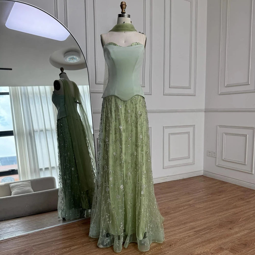 Luxury Sage Green and Pink Arabic Strapless Beaded Evening Dress LA72805D