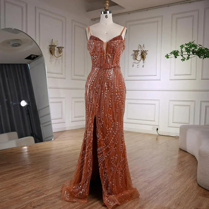 Orange Beaded Mermaid Evening Dress with Slit Spaghetti Straps LA72542