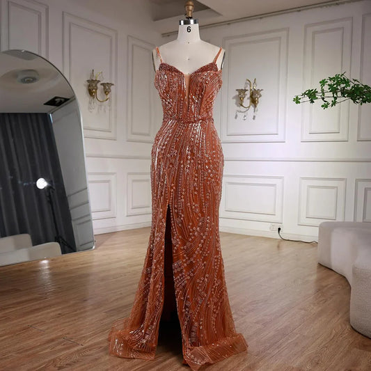 Orange Beaded Mermaid Evening Dress with Slit Spaghetti Straps LA72542