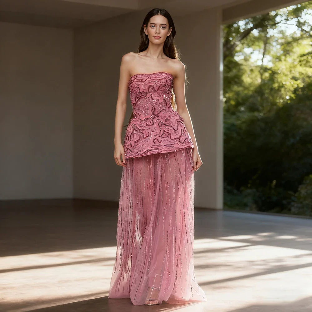 Luxury Pink Two Piece Crystal Sequin Evening Gown LA73207