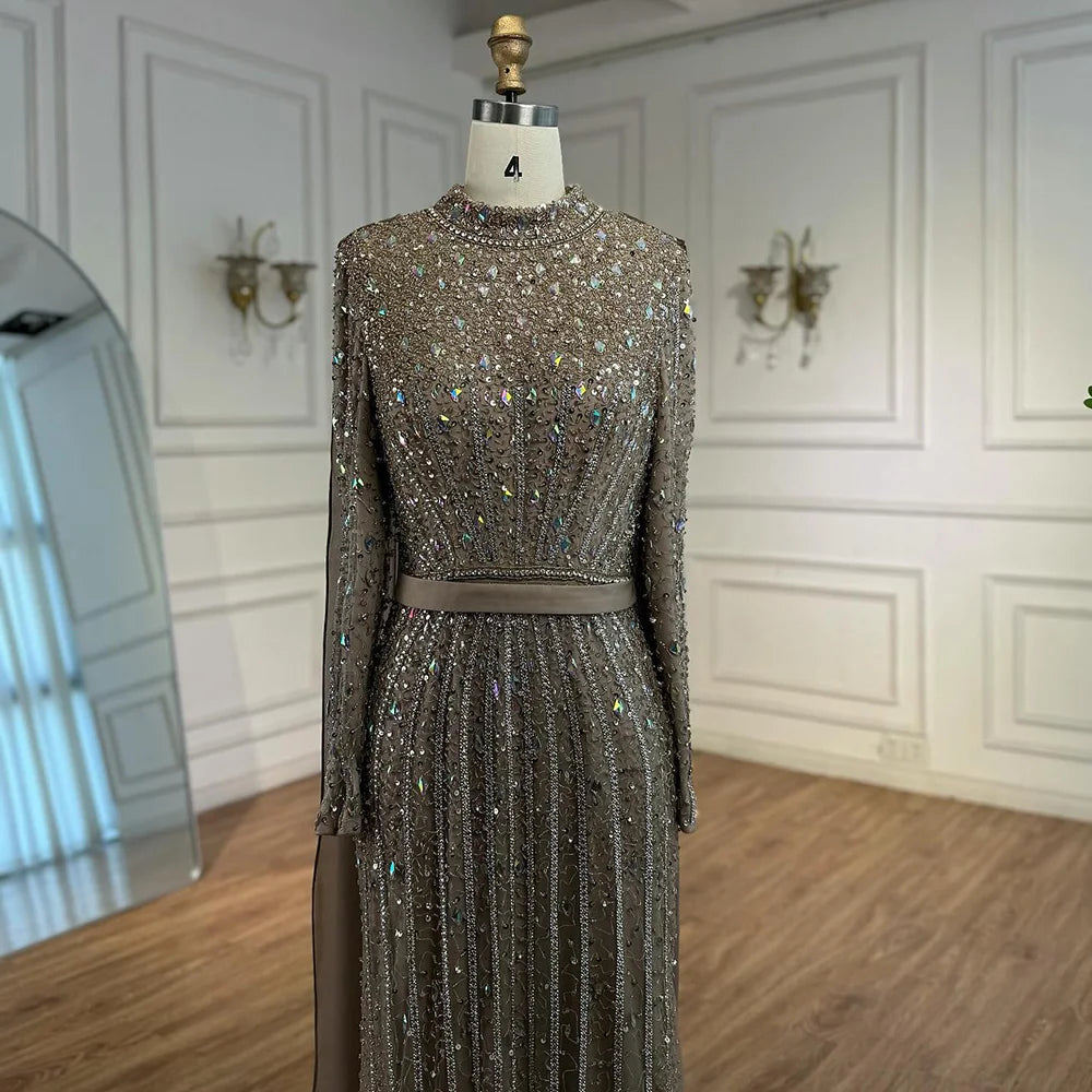 Modest Luxury Caramel Beaded Long Sleeve Evening Dress LA72569A