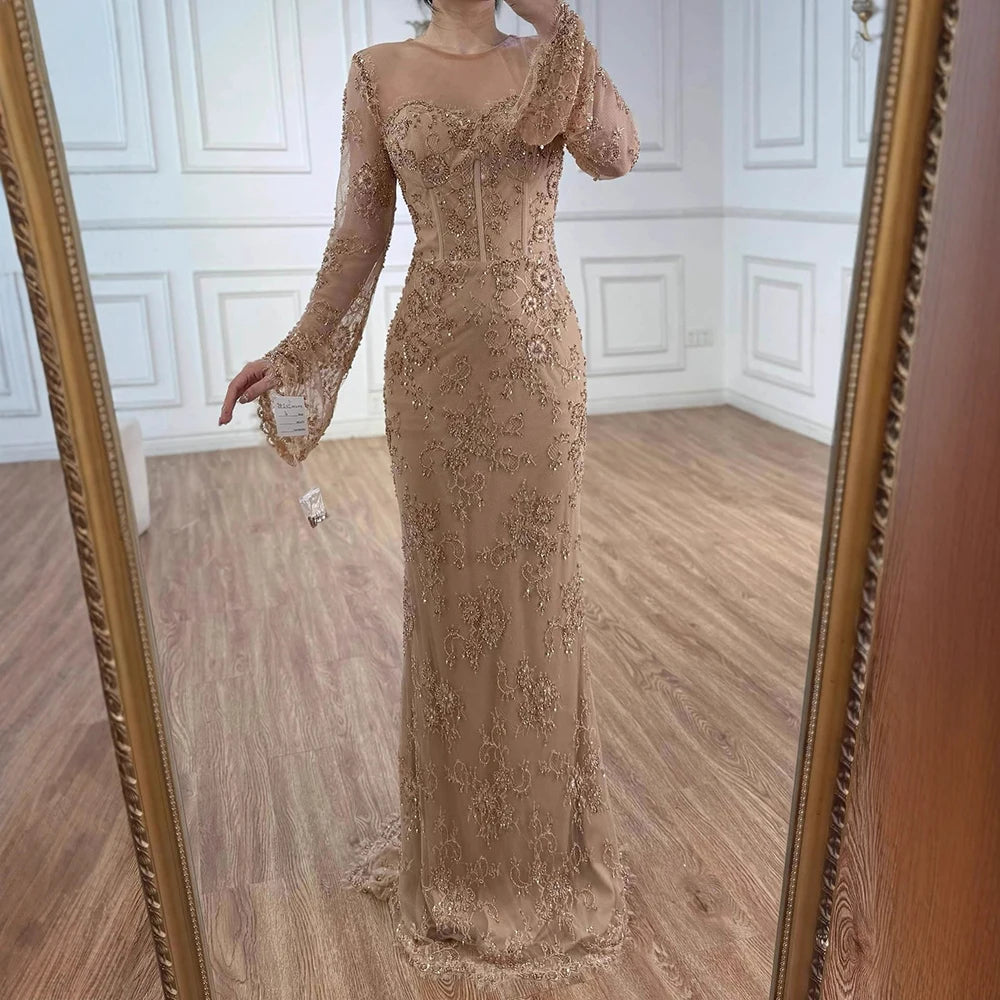 Luxury Arabic Lace Beaded Mermaid Evening Dress with Sleeves LA72545