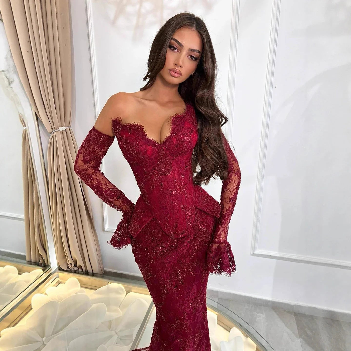 Luxury Wine Red Lace Beaded Mermaid Evening Dress LA73341