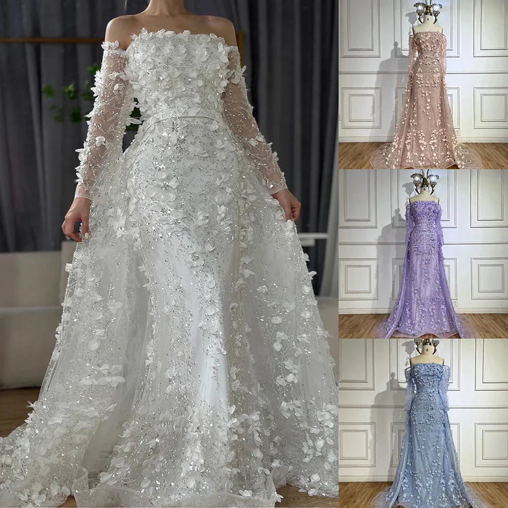 Pink Beaded Mermaid Evening Gown with Overskirt and Appliques LA72641