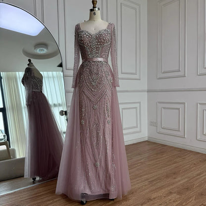 Luxury Nude Beaded Mermaid Evening Dress with Overskirt LA73190
