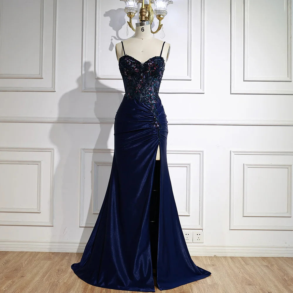 Luxury Navy Satin Prom Dress with Lace Beaded and Slit LA73003