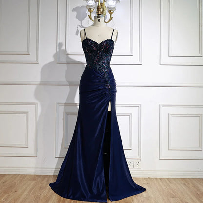 Luxury Navy Satin Prom Dress with Lace Beaded and Slit LA73003