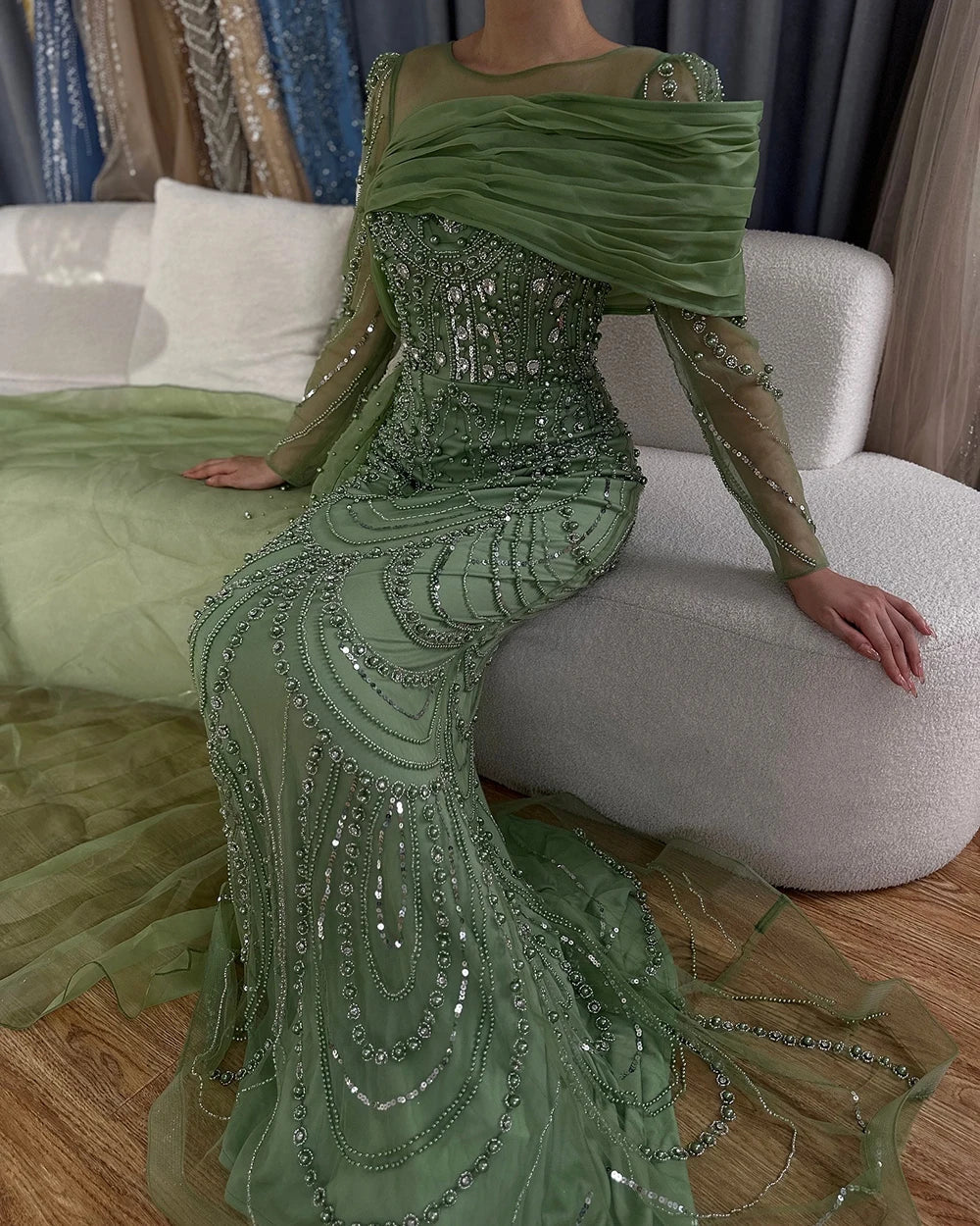Nude Crystal Mermaid Evening Dress with Overskirt LA72348