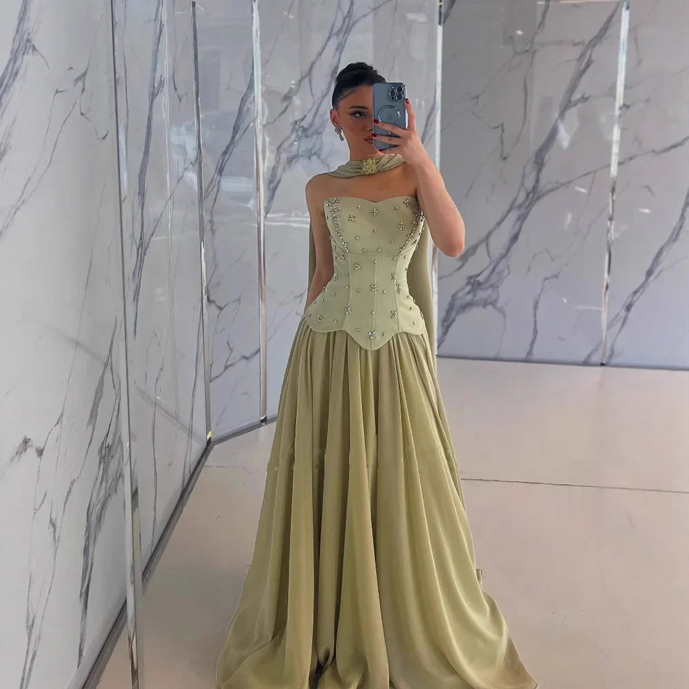 Elegant Sage Green Strapless A-Line Chiffon Evening Dress LA73073